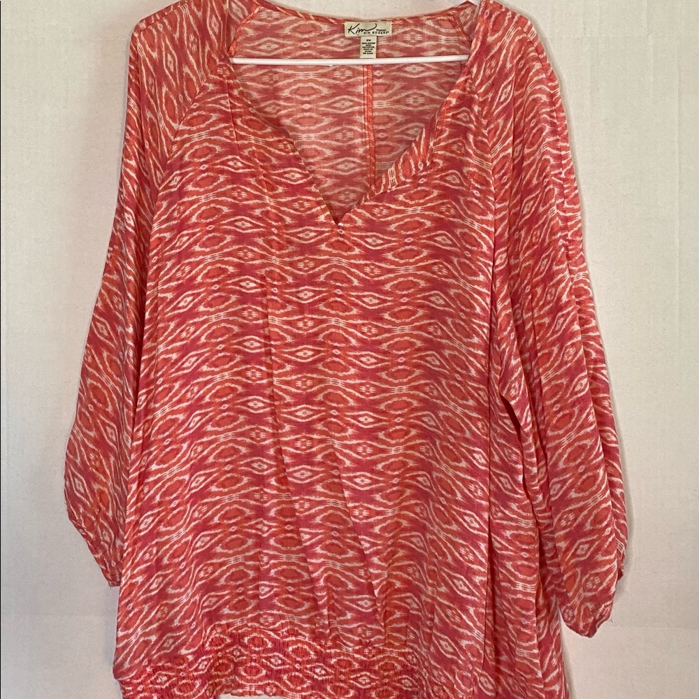 Kim Rogers 2X orange & white blouson top